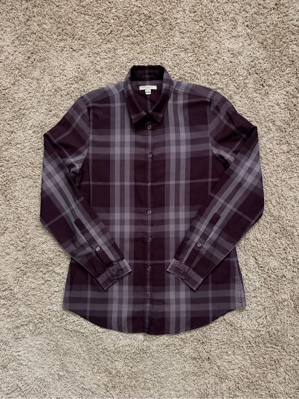 Burberry Brit Women Purple Plaid Button Up Shirt Large Cotton Blend Long Sleeve